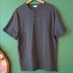 Men's Dark Gray & Black Striped Short Sleeve Henley Mens L Basic Layering Cotton
